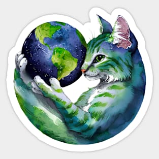 Cat loving Earth-Unique Watercolor Design Sticker